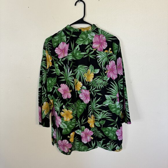 Lauren Ralph Lauren Womens Tunic Black Floral Linen Shirt Large Mandarin - Picture 3 of 8